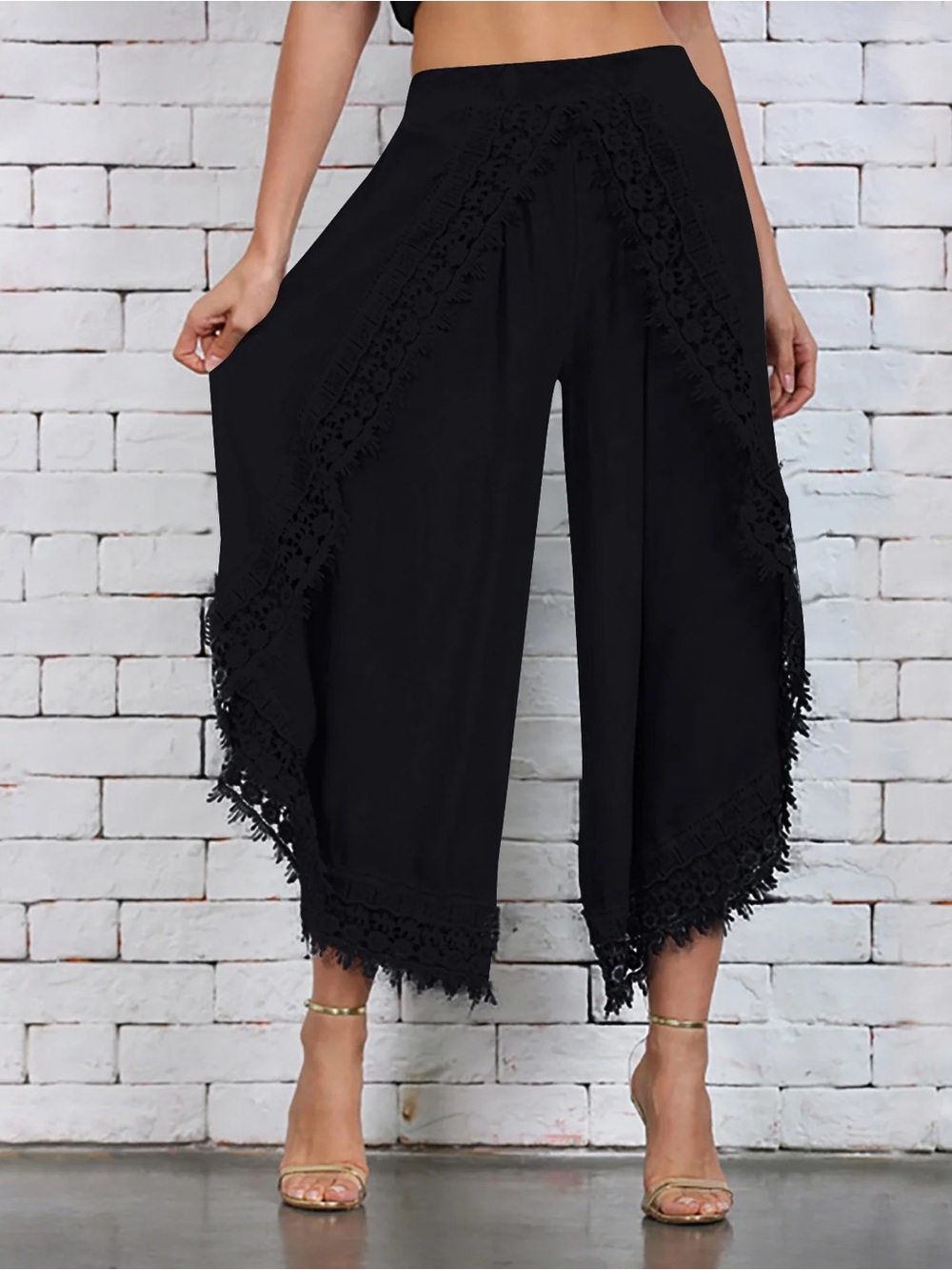 Black Crochet Trim Wide-Leg Pants sz: small - Picture 6 of 6